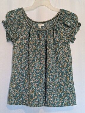 Max Studio Teal Green Floral Smocked Top with Pink and Mustard Flowers Size S